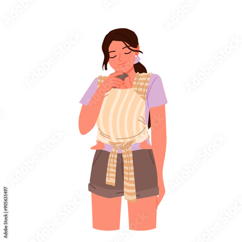 Mother carrying newborn baby in sling, love and motherhood. Cute young mom in casual clothes holding child inside carrier wrap, happy woman and toddler at city walk cartoon vector illustration