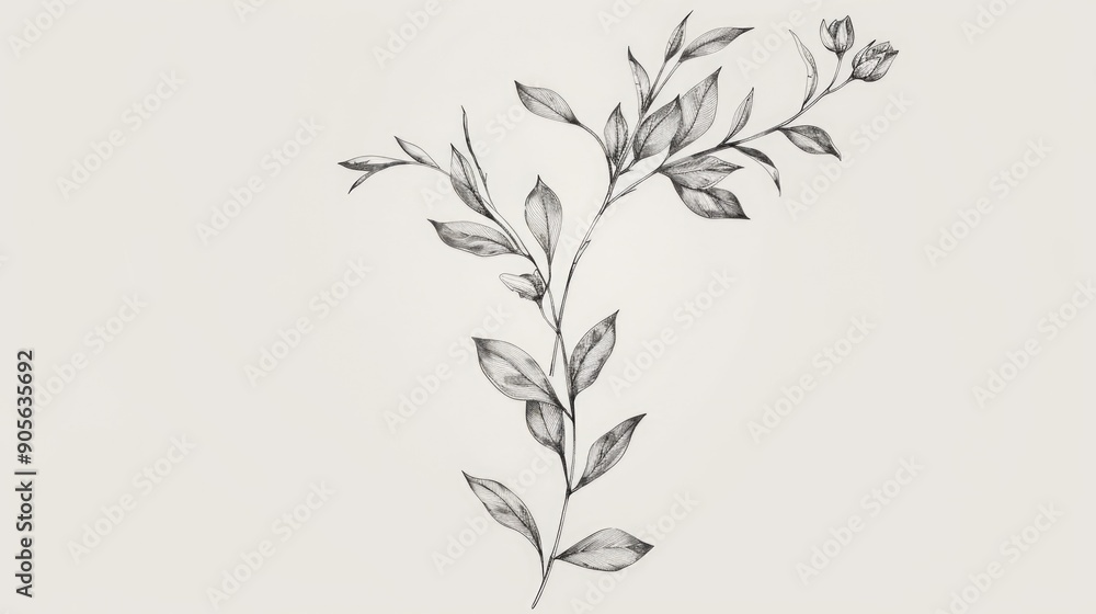 Naklejka premium A black and white drawing of a leafy branch. The drawing is very detailed and has a lot of texture. Scene is calm and peaceful, as if the viewer is looking at a leafy tree in a quiet forest