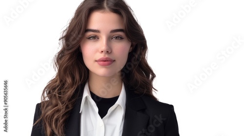 A woman in a black suit and white shirt. She has a serious look on her face. Concept of professionalism and formality