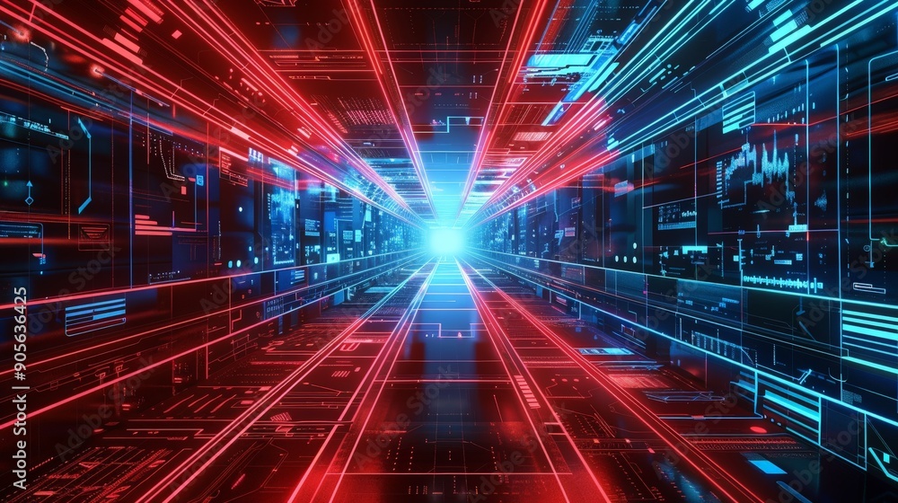 A futuristic cityscape with red and blue lights A futuristic cityscape with red and blue lights