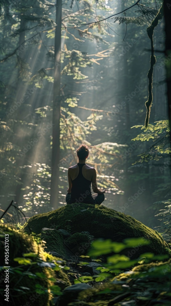 A person practices meditation in a serene forest setting, with rays of sunlight filtering through the trees, enhancing the calm and peaceful atmosphere of the scene. A person practices meditation in a serene forest setting, with rays of sunlight filtering through the trees, enhancing the calm and peaceful atmosphere of the scene.