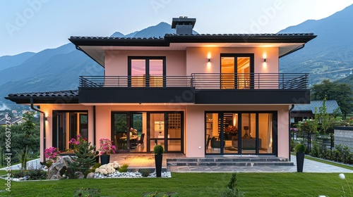 Luxurious villa with scenic mountain backdrop at twilight