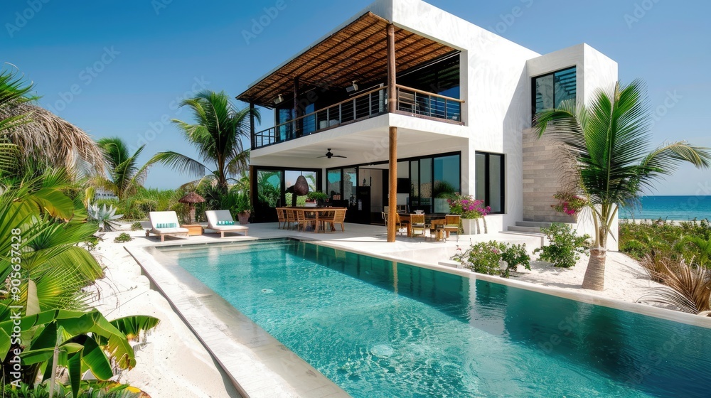 Fototapeta premium Modern beachfront house with pool overlooking the sea