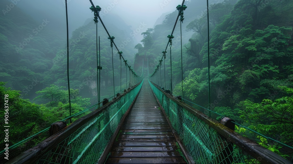 Obraz premium A suspension bridge stretches through a misty, lush forest, surrounded by dense green foliage, creating a serene and mystical atmosphere, evoking adventure and tranquility.