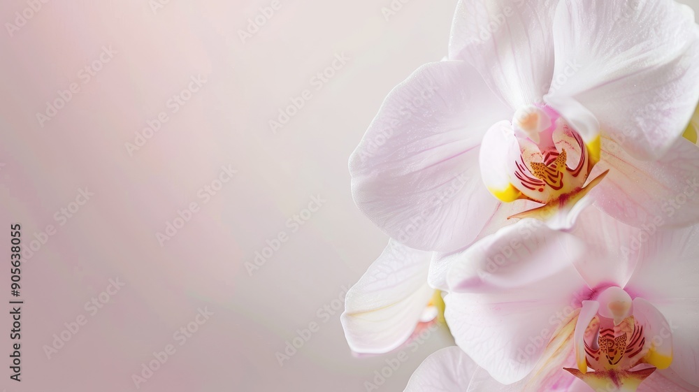 Close-up of a blooming white orchid on a soft pastel background. Close-up of a blooming white orchid on a soft pastel background.