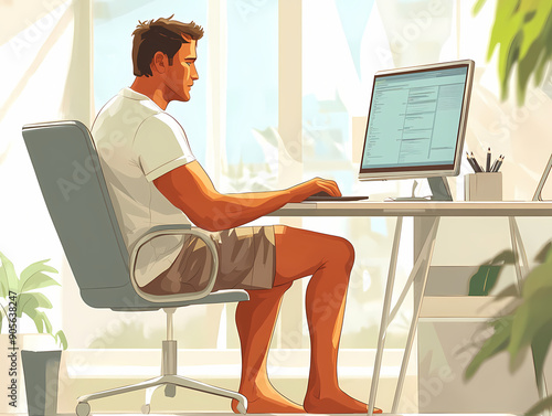 Man working at desk on computer in bright home office setting, relaxed and focused, casual and comfortable work environment, natural light and modern home workspace photo