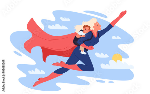 Happy Fathers day, greeting card, creative poster design of fatherhood with dad superhero and son. Young man in funny superman costume and cloak holding boy in cap cartoon