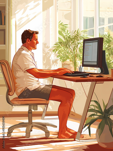 Man working at desk on computer in bright home office setting, relaxed and focused, casual and comfortable work environment, natural light and modern home workspace photo