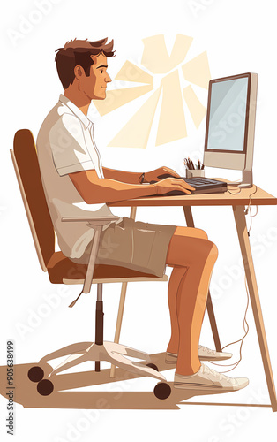 Man working at desk on computer in bright home office setting, relaxed and focused, casual and comfortable work environment, natural light and modern home workspace photo