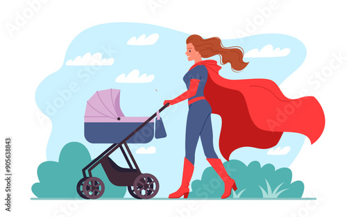Happy Mothers Day, supermom character walking with stroller. Young woman in superhero costume and red cape carrying pram with infant baby child, babysitting with love cartoon