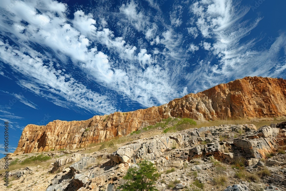 Obraz premium Breathtaking rocky formations in a vibrant blue atmosphere embellished with soft, white clouds