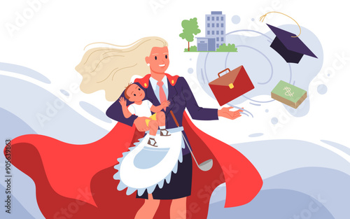 Happy Mothers Day, greeting card, creative poster design of multitasking motherhood. Young happy busy businesswoman in superhero cape and housewife apron holding baby son cartoon
