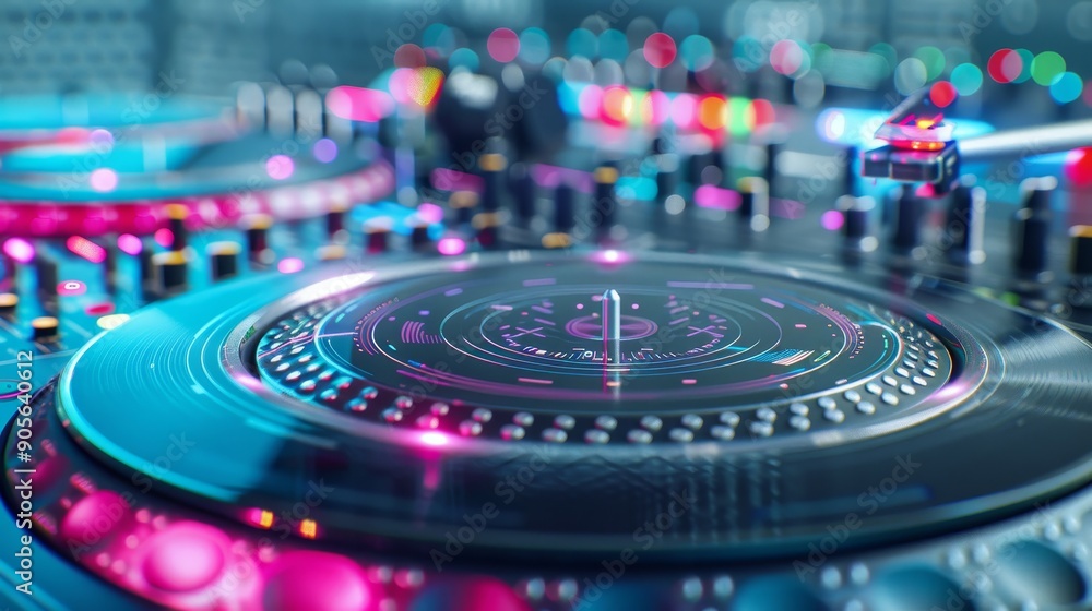 A DJ turntable with a blue and orange design A DJ turntable with a blue and orange design