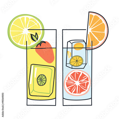 Two colorful drinks glasses citrus fruit garnish vector illustration. Lemon lime orange slices refreshing cocktails isolated white background. Summer beverage concept vibrant colors stylized art