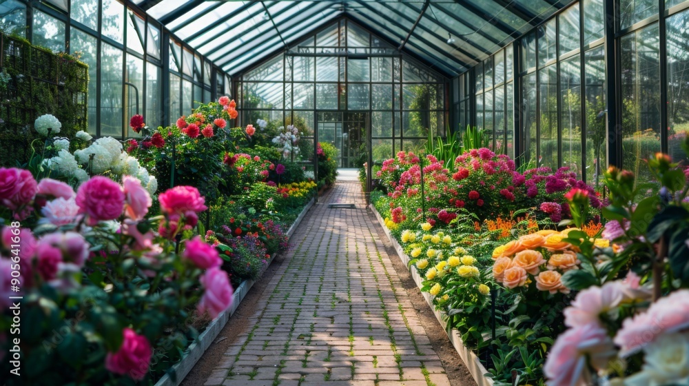 A vibrant pathway lined with blooming flowers stretches through a glass greenhouse, bathed in sunlight. A vibrant pathway lined with blooming flowers stretches through a glass greenhouse, bathed in sunlight.