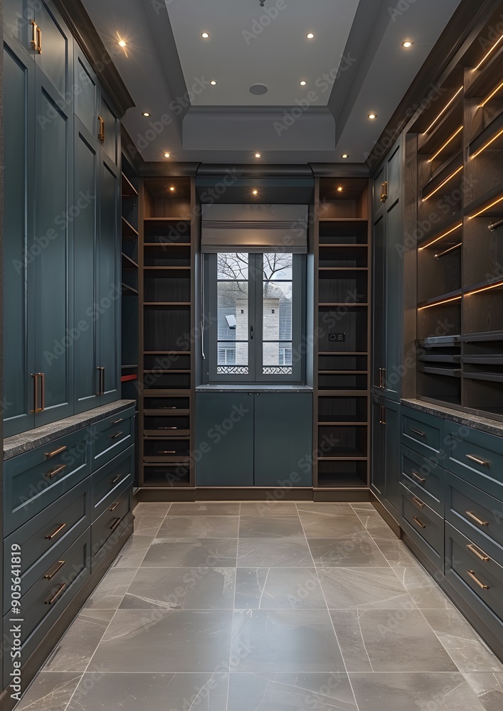 A large, dark blue walk-in closet with a window and shelves. The room is very spacious and has a modern, minimalist design A large, dark blue walk-in closet with a window and shelves. The room is very spacious and has a modern, minimalist design