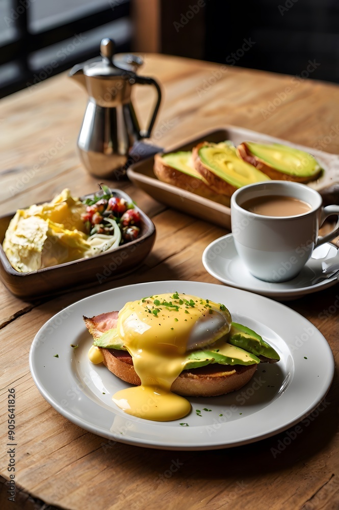 A plate of gourmet breakfast: eggs Benedict with hollandaise sauce, fresh avocado, and crispy bread.