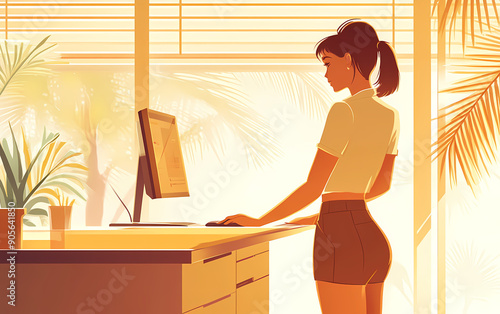 Woman working at desk on computer in bright home office with natural light, casual and comfortable work environment, well-decorated with plants and shelves photo