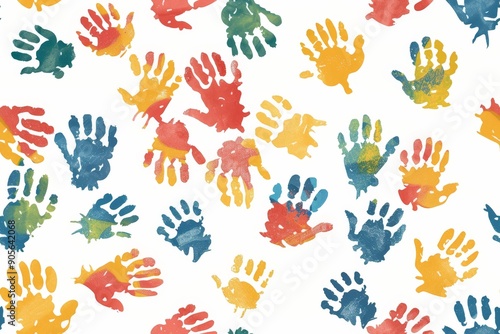 A colorful pattern of hands is spread across a white background