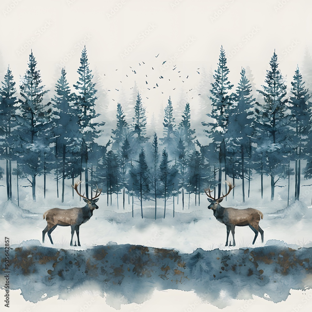 A painting of two deer in a forest with a blue sky in the background. The mood of the painting is peaceful and serene A painting of two deer in a forest with a blue sky in the background. The mood of the painting is peaceful and serene
