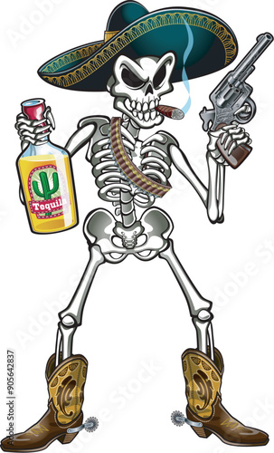Human skeleton wearing sombrero and boots with spurs holding a bootle of tequila and revolver 