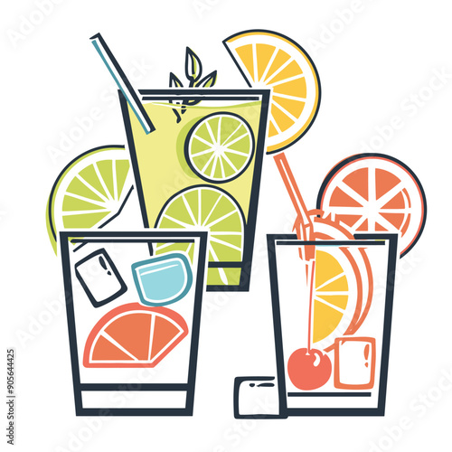 Stylized vector illustration summer drinks citrus fruits ice cubes. Three colorful glasses, one lemon, another lime, third orange cherry. Bright refreshing cocktail designs, ideal menus summer