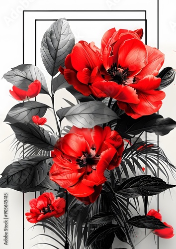 A black and white photo of red flowers with a white frame. The flowers are arranged in a way that they look like they are in a vase. The photo has a vintage feel to it