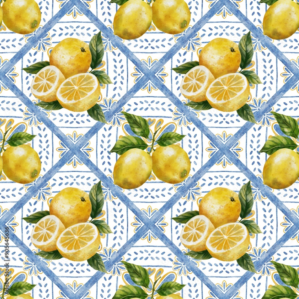 custom made wallpaper toronto digitalHand painted watercolor blue earthenware with lemons all over seamless Italian style pattern, ideal for fabric printing, home decor, wallpaper and stationery.