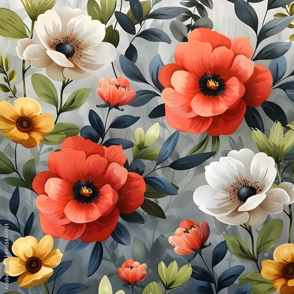 custom made wallpaper toronto digitalA colorful floral painting with red and white flowers. The painting has a bright and cheerful mood, with the flowers adding a pop of color to the otherwise neutral background