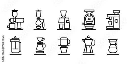 Collection of coffee shop tools icons. Coffee making equipment icons set. Contains icons such as manual grinder, espresso machine, siphon, and roaster. Vector illustration in transparent background.