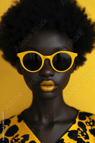  Black woman with yellow sunglasses and lipstick, yellow background, close-up portrait, high fashion style.