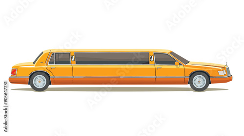 Luxury long orange limousine side view isolated white background. Transport celebrities fancy event classic automobile design. Elegant stretch vehicle VIP person transportation