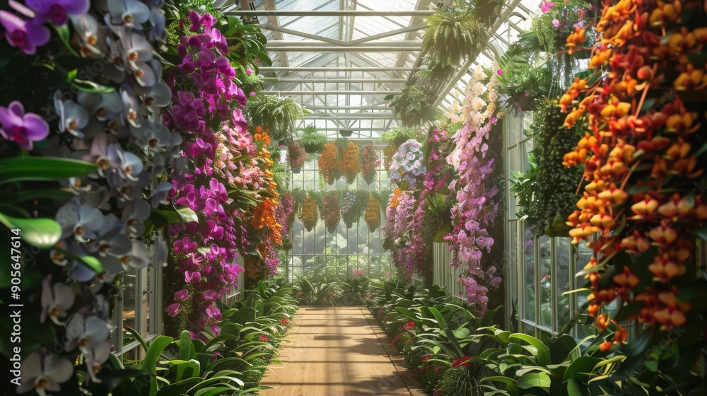 A lush pathway in a greenhouse adorned with colorful orchids, surrounded by vibrant foliage and filtered sunlight. A lush pathway in a greenhouse adorned with colorful orchids, surrounded by vibrant foliage and filtered sunlight.