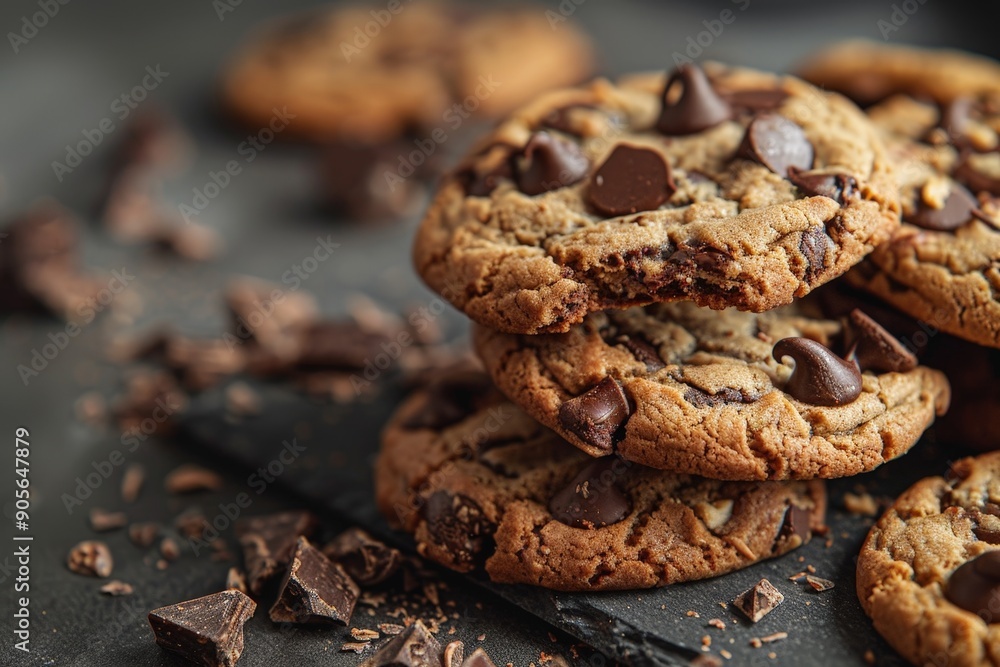 A stack of chocolate chip cookies with chocolate chips on the table A stack of chocolate chip cookies with chocolate chips on the table