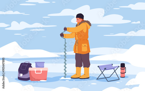 Winter fishing in frozen nature landscape with snow. Fisherman making hole in ice of lake or river with drill gear, man drilling with fishers equipment to catch fish cartoon vector illustration