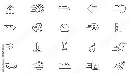 Speed line icon set. Containing fast, slow, movement, concept, fast stopwatch, Spaceships, turbo, speeding and speedometer Outline icon collection. Ui thin icon pack.