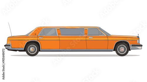 Side view classic orange stretch limousine resting against plain white. Limousine illustration featuring vintage design, prominent long body, tinted windows, shiny chrome details. Detailed vector