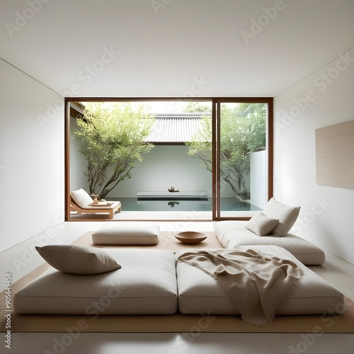 A living room interior with white wall and panoramic window with pool.