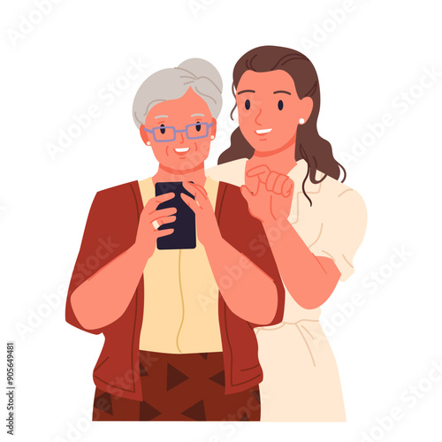 Help from young woman to elderly grandmother to use mobile phone. Grandma holding cellphone, cute girl pointing finger at screen to teach and explain using smartphone cartoon vector illustration