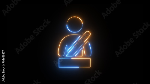 Glowing neon line Safety belt icon isolated on purple background.