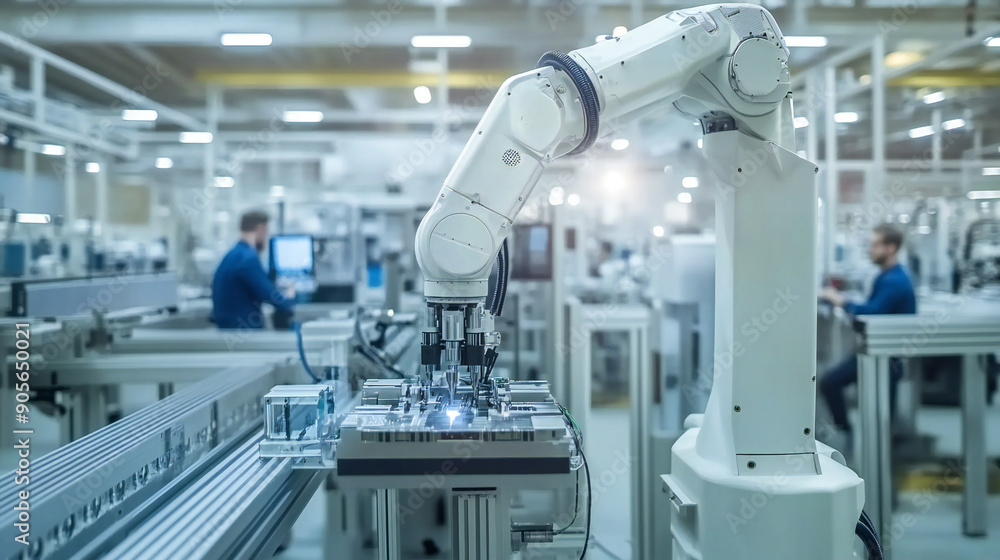 Robotic Arm White Assembly Artificial Intelligence High Tech Industry Manufacturing bright Light Robotic Arm White Assembly Artificial Intelligence High Tech Industry Manufacturing bright Light