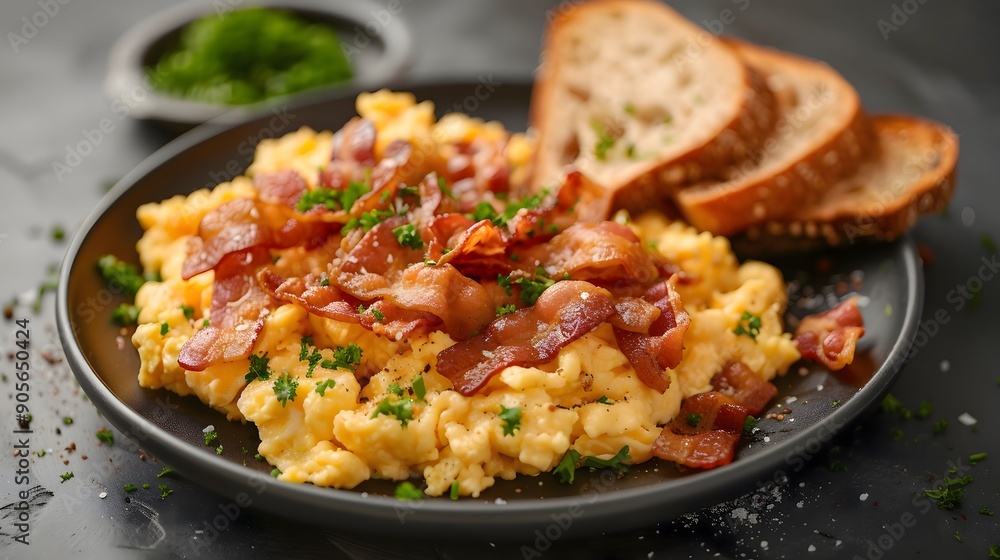 Delicious Scrambled Eggs with Crispy Bacon and Toast Delicious Scrambled Eggs with Crispy Bacon and Toast