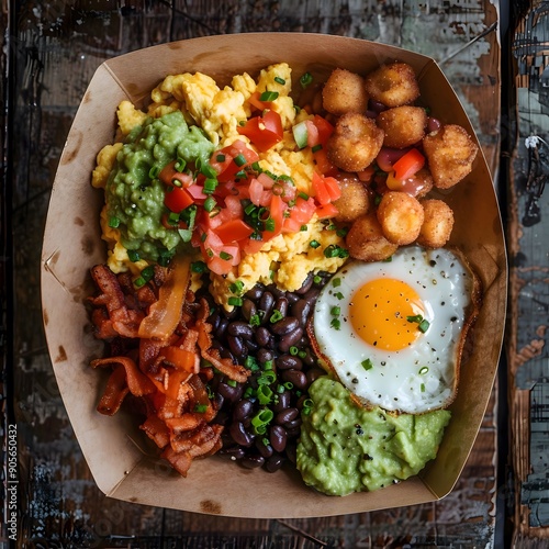 Delicious Breakfast Bowl with Scrambled Eggs, Guacamole, and Fried Potatoes photo