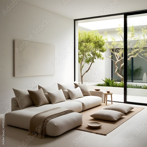 A living room interior with white wall and panoramic window with pool.