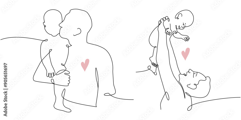 Vector set of one line illustration of father holding a new born baby on white background. One continuous line drawing greeting card for Happy Father Day Vector set of one line illustration of father holding a new born baby on white background. One continuous line drawing greeting card for Happy Father Day