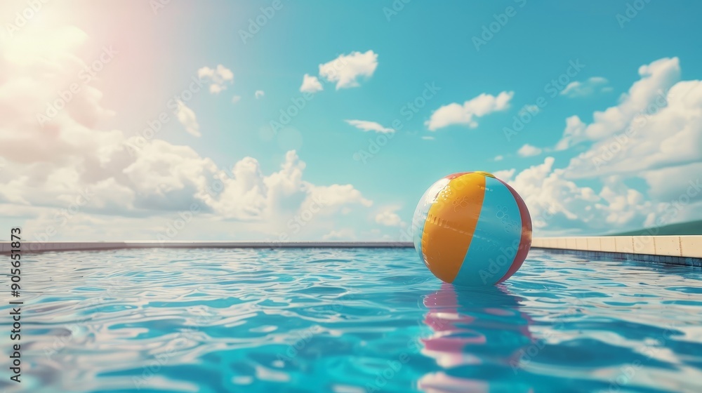 A yellow and blue beach ball is floating in a pool A yellow and blue beach ball is floating in a pool