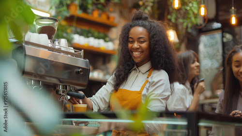  Junge afrikanische Frau bereitet Espresso an Maschine zu