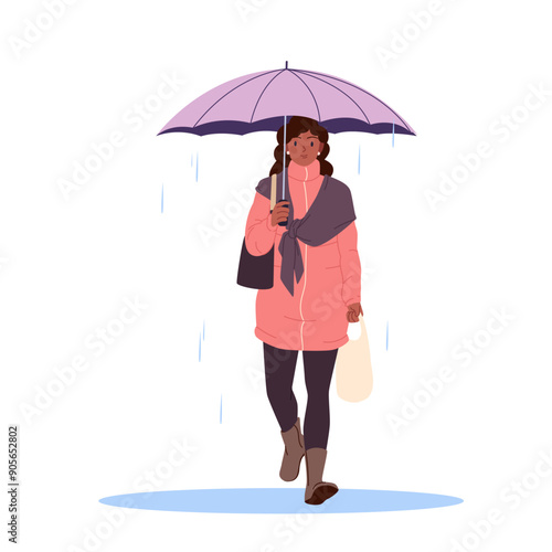 Woman walking with umbrella in autumn or spring rain, front view. Cute girl with headscarf and red jacket holding parasol and shopping bag to walk in bad rainy weather cartoon vector illustration