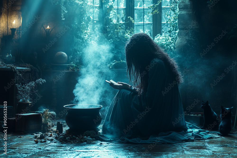 A mystical witch brewing a potion in a cauldron, surrounded by eerie decorations and candlelight, capturing the magical essence of Halloween. A mystical witch brewing a potion in a cauldron, surrounded by eerie decorations and candlelight, capturing the magical essence of Halloween.