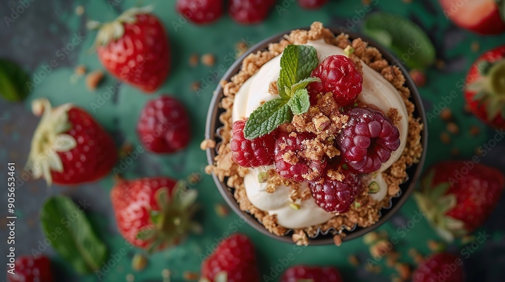 Dessert with whipped cream, raspberries, and mint sprig Dessert with whipped cream, raspberries, and mint sprig